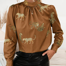 Load image into Gallery viewer, Leopard Graphic Mock Neck Puff Sleeve Blouse
