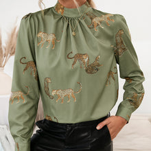 Load image into Gallery viewer, Leopard Graphic Mock Neck Puff Sleeve Blouse
