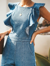 Load image into Gallery viewer, Ruffled Backless Sleeveless Denim Jumpsuit
