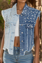 Load image into Gallery viewer, Pearl Raw Hem Sleeveless Denim Jacket
